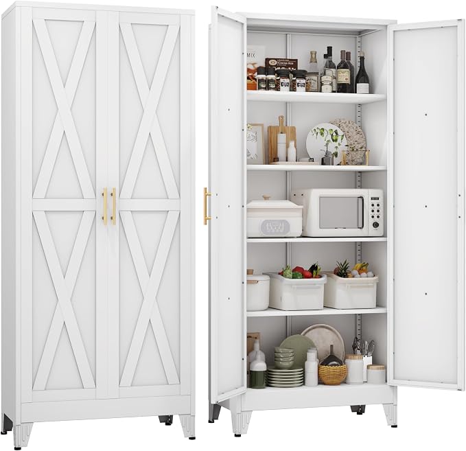 71" H Metal Kitchen Pantry Storage Cabinet, Freestanding Cupboard with 2 Doors and 4 Adjustable Shelves, Standing Storage for Kitchen, Bathroom, Garage, Dinning Room or Utility Room（White）