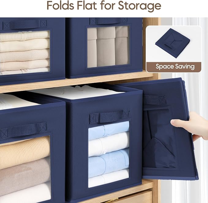 Storage Cube 11 Inch - Cube Storage Bins with Window, Closet Storage Baskets with Handle, Fabric Bins for Closet, Shelves, Toys, Clothes, Set of 8, Navy Blue