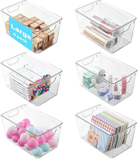 6 Pack Large Clear Storage Bins with Lids, Acrylic Arts and Craft Storage Containers, Stackable Clear Plastic Craft Storage Bins with Handles for Classroom Storage Organization,Kitchen, Fridge, Office