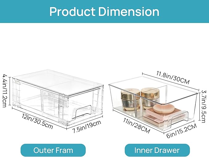 Vtopmart 10 Pack Stackable Storage Drawers,Clear Acrylic Drawer Organizers with Handles, Easily Assemble Containers for Fridge, Bathroom,Kitchen Undersink,Cabinet,Pantry Organization and Storage