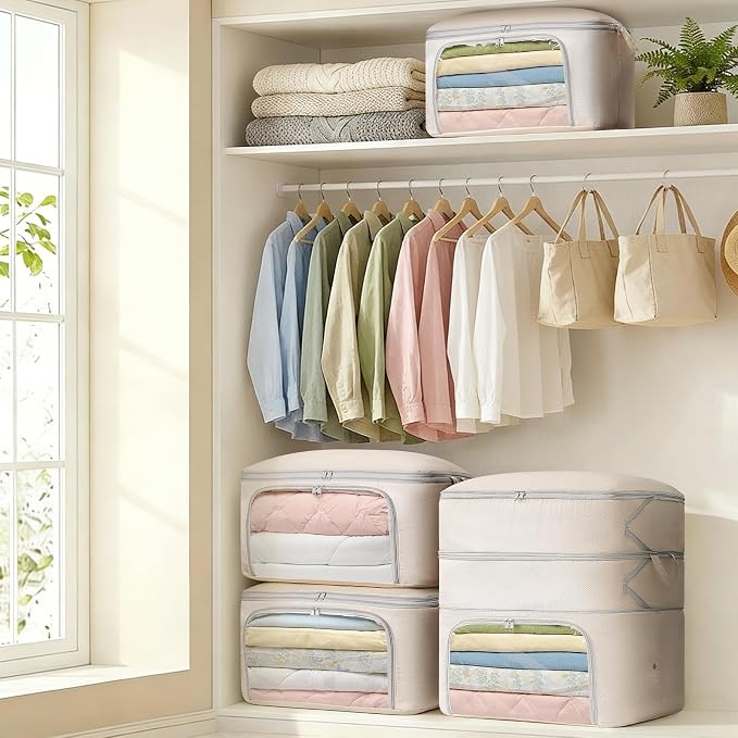 Comforter Storage Bag - 130L Blanket Storage Bags Front-opening Ultra Space Saving Self Compression Organizer, Washable Compression Bags for Storage Comforter Blanket, 2 Pack, Beige