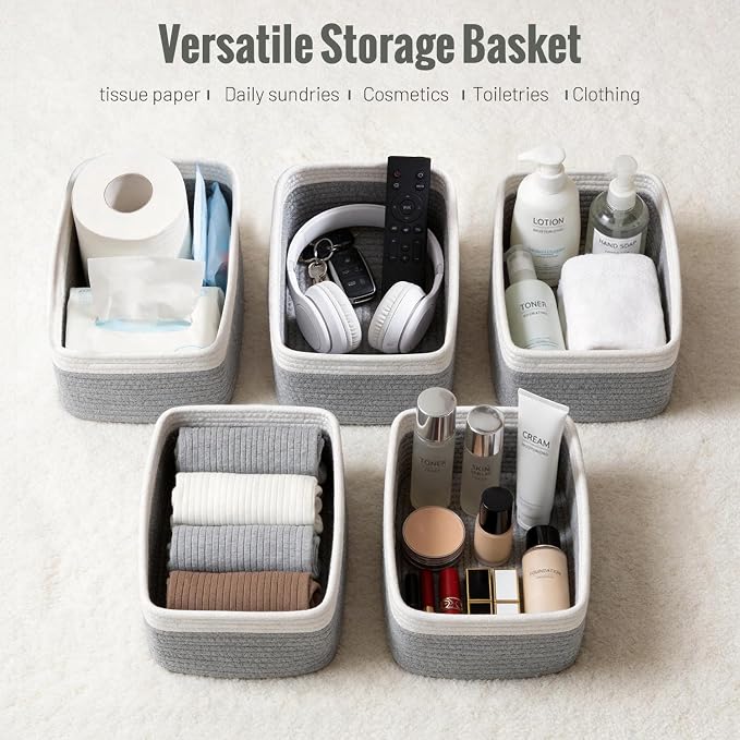 5 Pack Decorative Small Storage Baskets for Shelves, Cotton Rope Woven Basket for Organizing Bathroom, Nursery, Closet, Cabinet, Toys & Socks, Gift Baskets Empty, 11.8"x7.9"x4.7", Gray/White