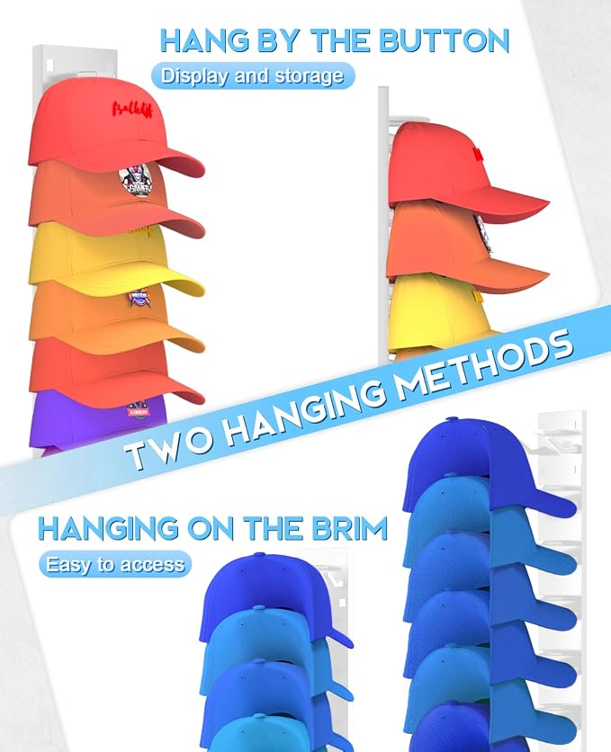 2 Pack Hat Organizer for Baseball Caps, Strong Adhesive Hat Rack for Wall, Multilayer Hat Storage Display Holder for Door Closet, Cap Organizer Storage Wall Mounted Hat Hooks Hold up to 18 Hat (White)