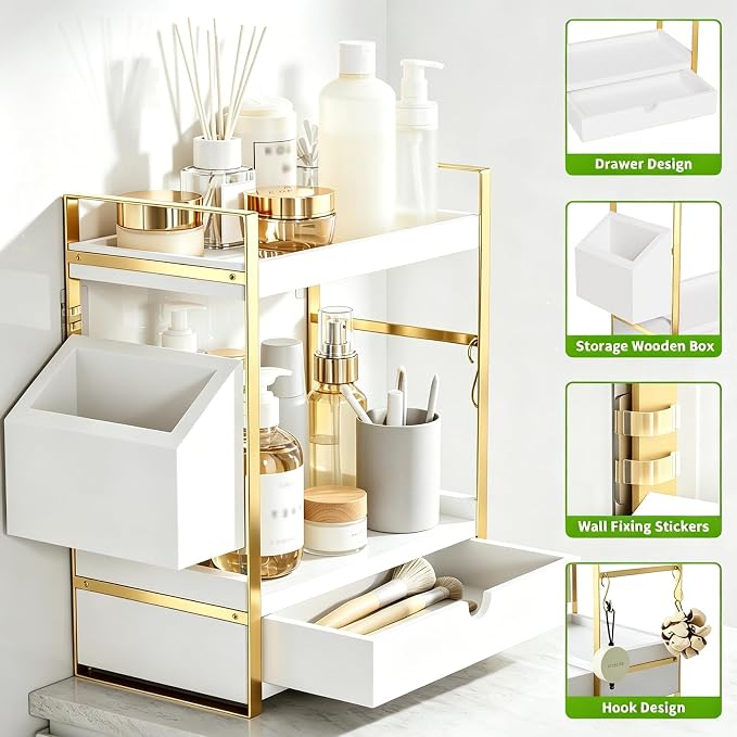 2-Tier Bathroom Counter Organizer, Wooden Vanity Shelf with Drawer & Basket | Pre-Drilled Holes, Skincare & Makeup Countertop Organizer and storage, White-gold