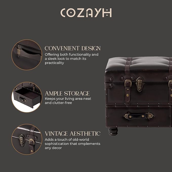 COZAYH Vintage Storage Bench, Upholstered Wooden Ottoman Chest Box, Brown