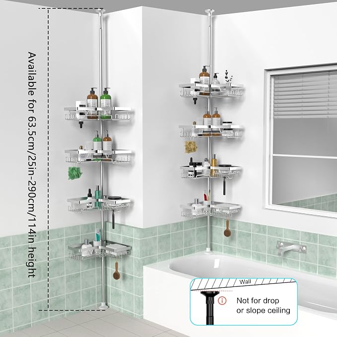 KEGII SUS304 Corner Shower Organizer, Tension Pole Bathtub Caddy, Silver | Stainless Steel Construction with Adjustable Height, Rust Resistant Finish for Shower Corners, Bathtubs and Family Bathrooms