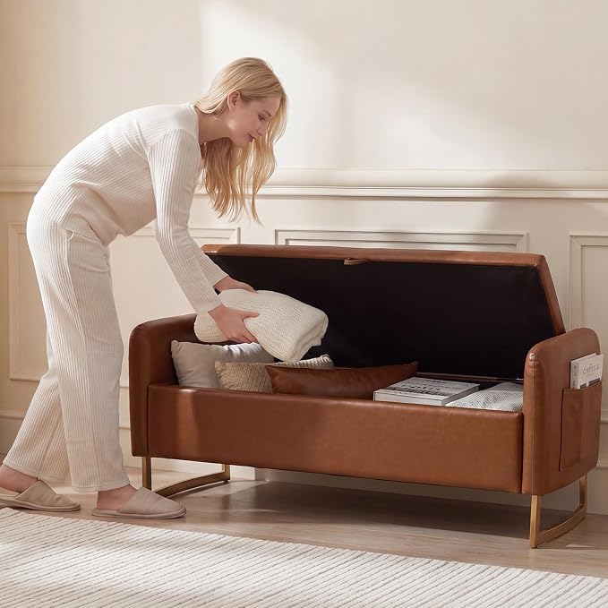 48" End of Bed Bench, Modern Storage Benches with Button-Tufted, Leather Upholstered Storage Ottoman Bench for Foot of Bed with Arms, Gold Legs Window and Entryway, Brown