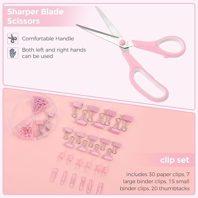 SKYDUE Pink Desk Accessories, Pink Office Supplies Set, Mesh Desk Organizer, Stapler, Tape Dispenser, Scissors, Binder/Paper Clips and 1000pcs Staples, Desk Organizer for Women, Gifts