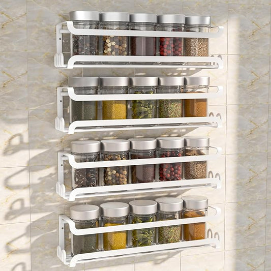 LUCYCAZ 4 Pack Wall Mounted Spice Rack for Kitchen Cabinet,RV,Camper,White | 16 Metal Hooks, Space-Saving,Screw or Adhesive Spice Shelf Hanging,for Pantry Door Spice Jars & Seasonings,11.41×2.75×2.36in