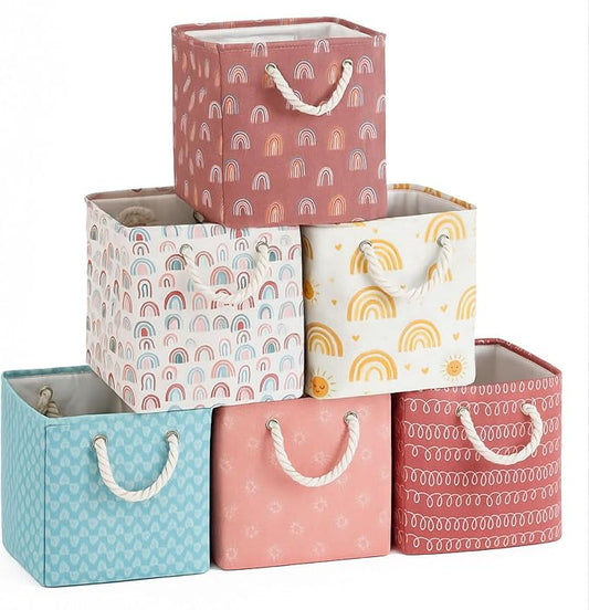Geiserailie 6 Pcs 13 x 13 Inch Cube Storage Bins Fabric Storage Organizer Bins Foldable Cube Baskets with Sturdy Carry Handles Wicker Baskets for Home (Boho Color, Rainbow)