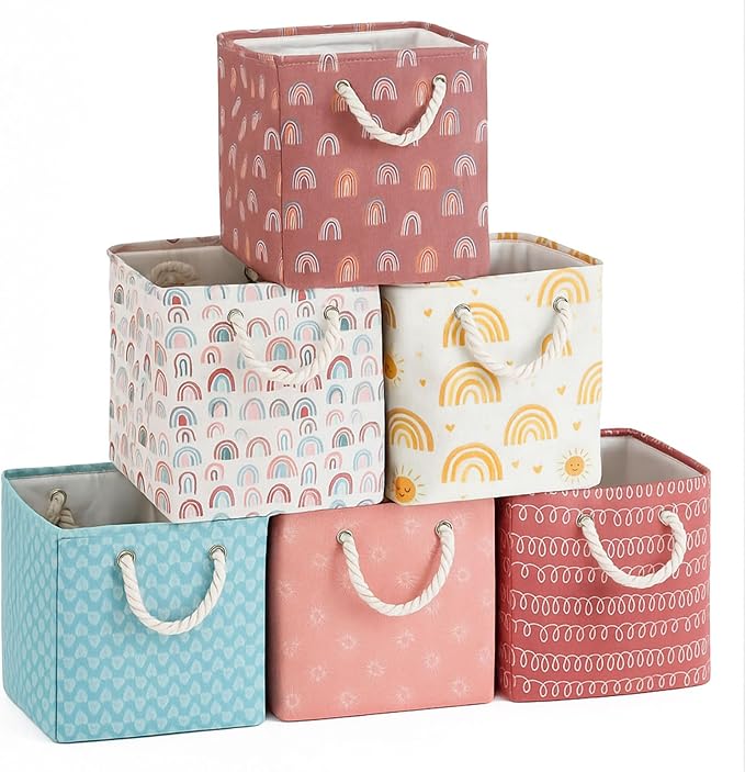 6 Pack Boho Rainbow Storage Bins, 11 Inch Cube Fabric Storage Basket | Foldable Fabric Cube Baskets with Reinforced Handles, Boho Rainbow Nursery Hamper, for Shelves, Closets, Room Organization