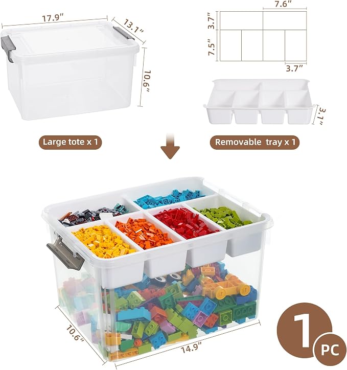 Citylife 17QT Clear Craft Organizers and Storage Box with Removable Tray | Stackable Art Supply Organizer Storage Bins with Lids for Beads, Markers, Sewing, Tools, Playdoh, Toys, Made in USA