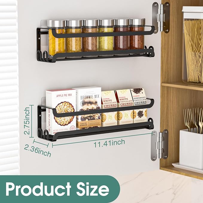LUCYCAZ 2 Pack Wall Mounted Spice Rack for Spice Jars & Seasonings (Black) | 8 Metal Hooks, Space-Saving,Screw or Adhesive Spice Shelf Hanging,for Kitchen Cabinet,Pantry Door,RV,Camper Spice Orgnaizer