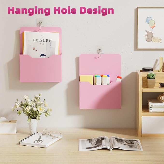 Marbrasse 2 Pack Magnetic File Holder - Paper Holder, Pocket Organizer,Hanging Wall File Organizer Office Supplies Storage, Magazine Mail Organizer Case for Notebooks,Planners,Letter (Pink)