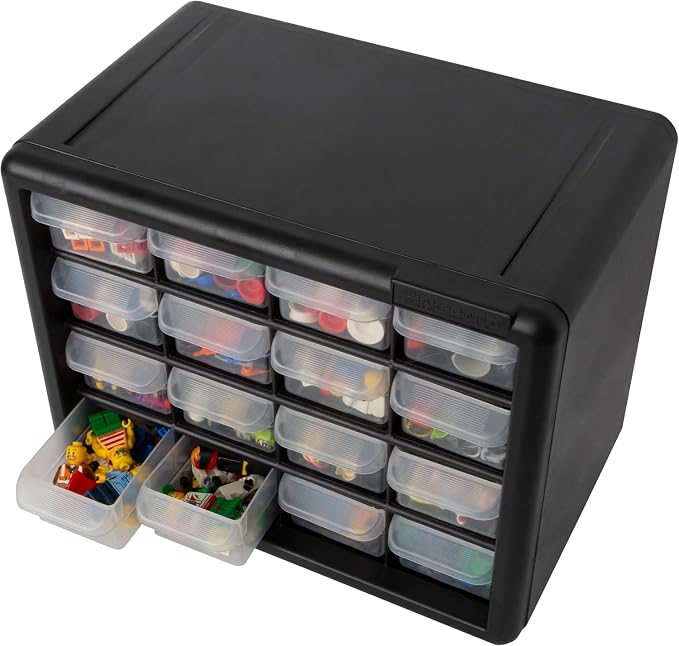 Akro-Mils 16-Drawer Plastic Storage Cabinet, 10.5"W x 6.5"D x 8.5"H, Black | Plastic Cabinet w/ Drawers for Garage Organization, Beads, Makeup Organizer, Building Bricks Storage, Teacher Toolbox, 10116
