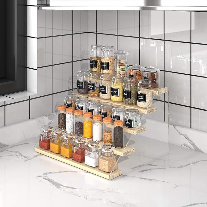 VAEHOLD Spice Rack Organizer for Cabinet & Countertop - Seasoning Organizer Spice Shelf - Space Saving Wooden Display Risers Shelf Showcase Fixtures Jewelry (5 Tier)