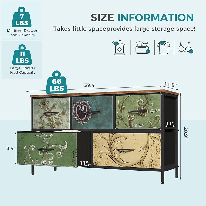 OLIXIS 5 Drawer Dresser for Bedroom, Storage Organizer Unit for Closet | Chest of Drawers for Clothes Storage with Bins, Wide Fabric Bedroom Dresser, Wooden Top, Living Room, Flower