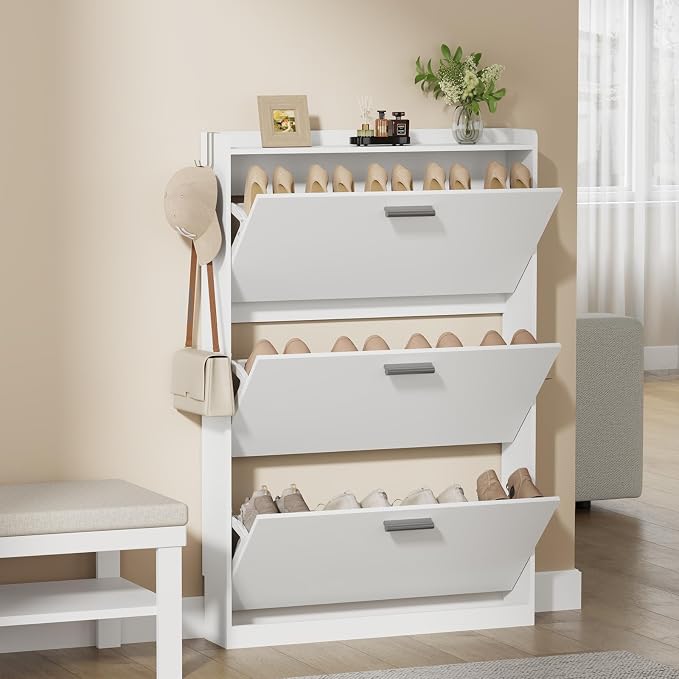 Shoe Cabinet Organizer with 3 Flip Drawers,Narrow Shoe Rack 31.5" W White | Freestanding shoe storage cabinet for entryway,foyer and hallway,space-saving flip drawers,Adjustable Shelves & 2 Hooks