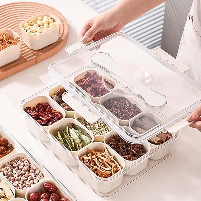 SILIVO Snackle Box Container - 9 Compartment Portable Divided Serving Tray with Lid and Handle,Clear Snack Organizer for Candy, Fruits, Nuts, Snacks - Perfect for Party, Travel and Entertaining