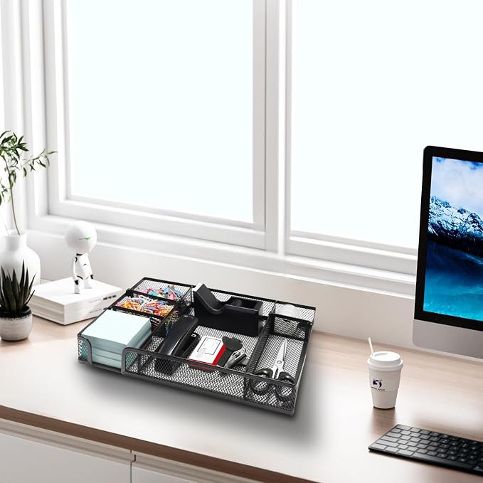 Black Desk Organizer Set, Office Supplies with Stapler and Tape Dispenser | Includes Desk Drawer Organizer,Tape, Staples, Staple Remover, Paper Clips, Scissors and Sticky Notes for a Neat Workspace
