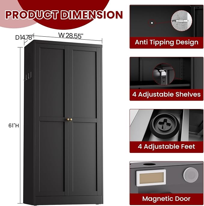 AQY Kitchen Pantry Cabinet,61" Black Pantry Storage Cabinet with 4 Tier Adjustable Shelves and 2 Doors,Freestanding Cupboard,Metal Pantry Cabinets with Handle for Living Room Kitchen Assembly Required