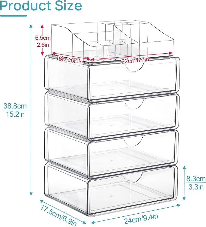 Vtopmart 5 Tier Clear Makeup Organizer with Drawer, Cosmetic Storage for Dresser Countertop and Bathroom Vanity, Beauty Holder for Lipstick Brush Skincare | Smart Storage Layout, Clear for Better Visibility, Stackable, Large Capacity, for Makeup Lipsti...