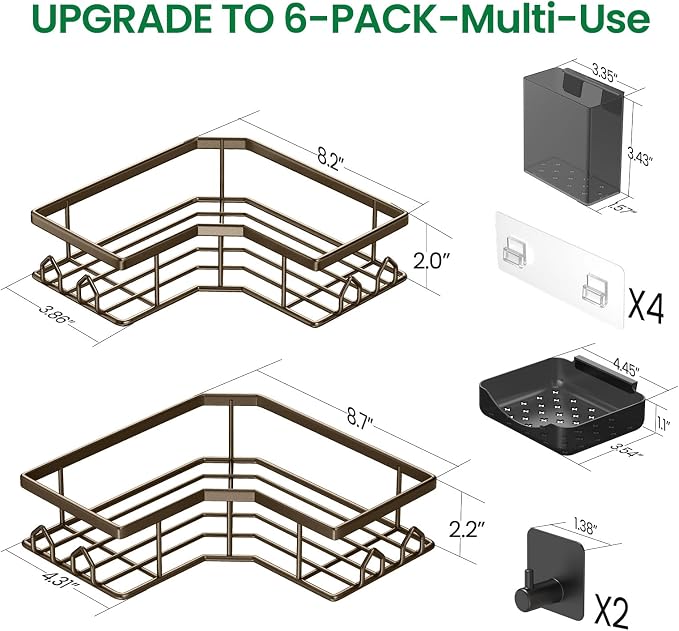 Adhesive Shower Caddy, 6 Pack Corner Bath Organizer, Rustproof Stainless Steel Shower Shelves with Large Capacity, No Drilling Shelves for Bathroom Storage, Home, Kitchen Decor (Brown).