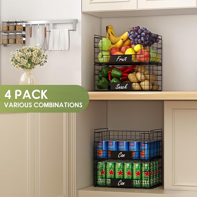 JKsmart 4 Pack XXL Stackable Wire Baskets for Pantry Organizers and Storage | Vegetable and Fruit Basket with Name Plates & Handles, Kitchen Pantry Organizer for Snack Can Fruit Veggies