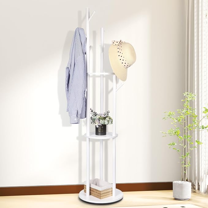 Wood Coat Rack Freestanding Rotary Coat tree with 3 Shelves and 9 Hooks | Heavy Duty Coat Rack Coat Hanger Stand for Entryway, Bedroom, Living Room – Holds Jackets, Coats, Hats, Bags (White)