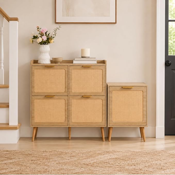 Shoe Cabinet, Rattan Shoe Storage Cabinet for Entryway with Flip Drawers | Singel Drawers, Breathable Rattan, Odor Resistant, Hidden Shoe Organizer, Slim Space Saving, Narrow Cabinet, Entryway Storage