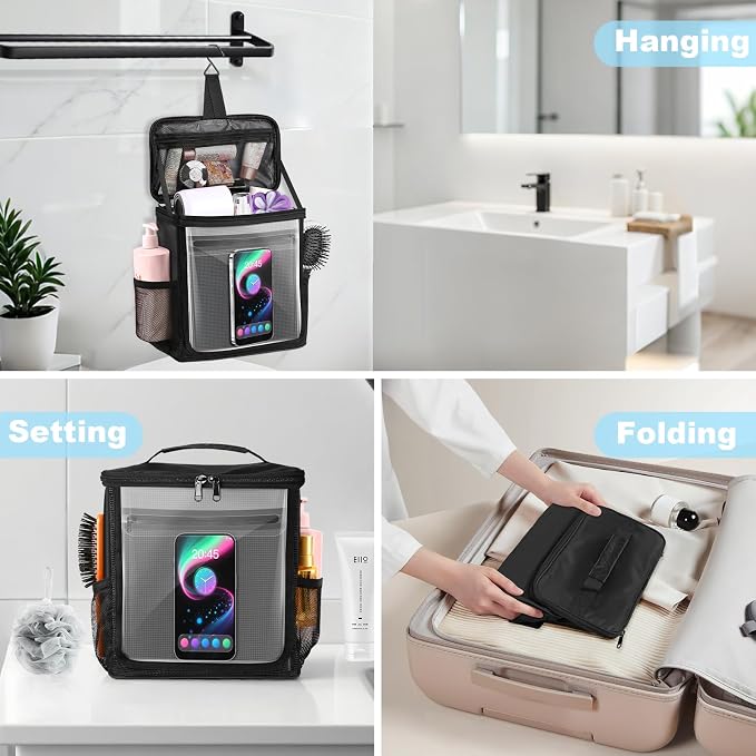Hanging Shower Caddy Portable, Travel Toiletry Bag for Men & Women, Large Capacity with Hook,Dorm Room Essentials With Waterproof Phone Compartment, for Bathroom, Picnic, Gym, Travel(Black)