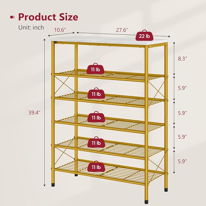 6 Tier Shoe Rack Organizer for 20-24 Pairs of Shoes, Metal Mesh Shoe Shelf for Closet, Industrial Shoe Rack for Entryway Shoe Storage with X Shape Fixed Frame, White & Gold | Sturdy & Durable, X Shape Fixed Frame, Metal Mesh Shoe Shelf, Industrial, For...