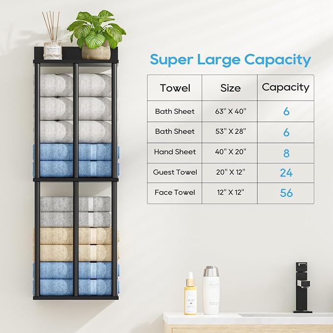 Towel Racks for Bathroom Wall Mounted with Wooden Storage Shelf | Updated 3 Bar Metal Towel Holder for Rolled Towels, Sturdy and Large Capacity, Towel Storage Organizer