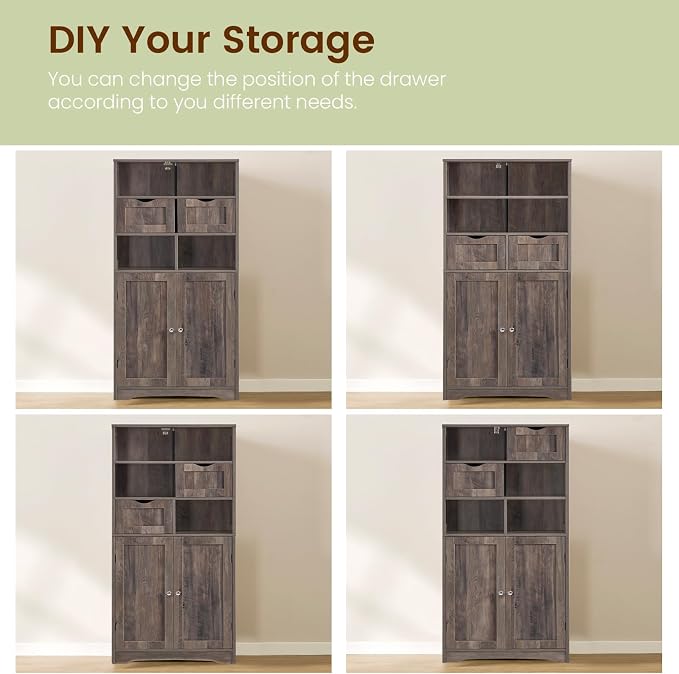 Iwell Tall Storage Cabinet with 2 Drawers & Adjustable Shelf, Bathroom Cabinet with Doors, Kitchen Pantry Storage Cabinets, Cupboard for Living Room, Dining Room, Entryway, Rustic Gray