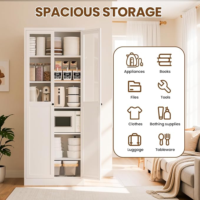 Metal Pantry Cabinet, 72" Kitchen Pantry Cabinet with 2 Doors and 5 Adjustable Shelves, White Steel Storage Cupboard for Dining, Office, Living Room, Bathroom