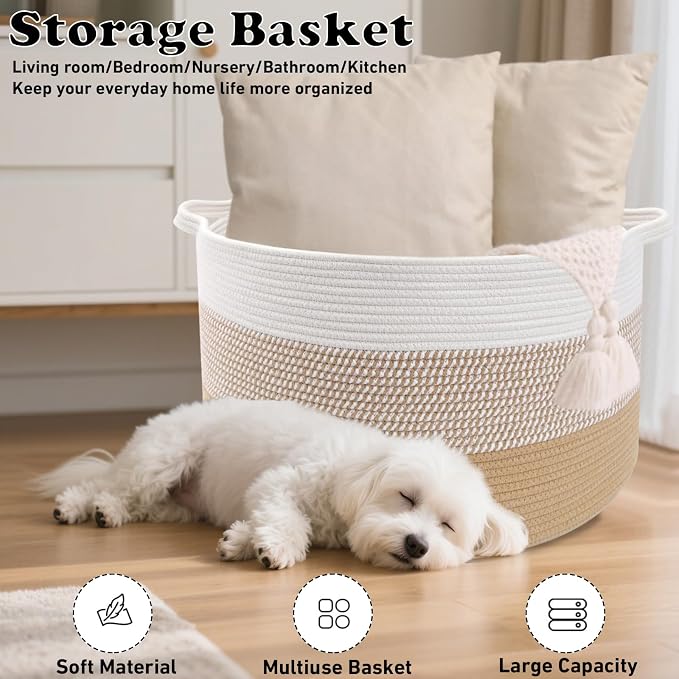115L Large Blanket Basket,Rope Woven Laundry Basket-Yellow | Collapsible, reinforced handles, nursery storage bin organizes clothes, toys and pillows for living room, bedroom bathroom