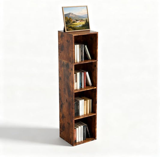 Cube Storage Organizer, 4 Cube Retro Bookshelf, Freestanding 4 Tier Open Shelf, Rustic Brown Retro Shelves for Home Office, Bedroom, Living Room, Study