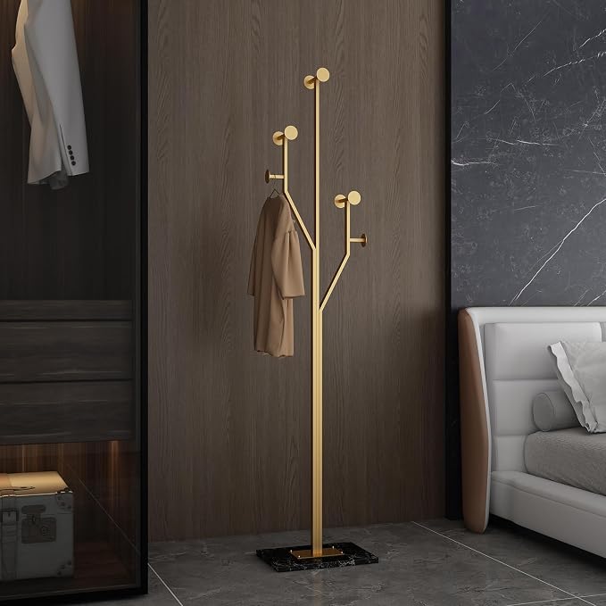 JIAYUEJU Freestanding Coat Rack Coat tree for Entryway Bedroom (Gold) | Tree-shaped, Easy Assembly, Space Saver, Heavy Duty, Metal Frame, Marble Base, 8 Hooks, Living Room, Office, Corner