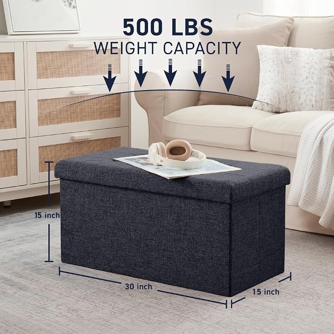 Ornavo Home 30 Inch Folding Storage Ottoman Bench, Tufted Linen, Black | Upholstered Large Ottoman with Lid; Foot Rest Stool; Ideal for Bedroom, Living Room or Entryway