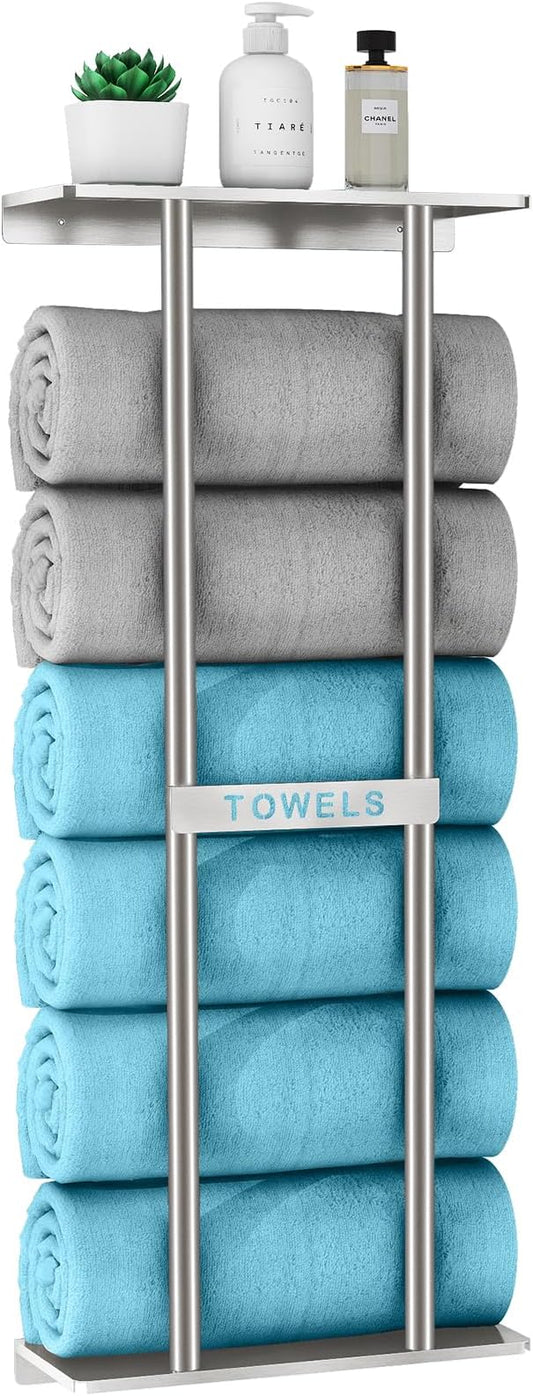STWWO Bathroom Towel Storage for Bathroom, Wall Towel Rack for Rolled Towels, 30 inch Towel Holder Wall Mounted with Metal Shelf Can Holds 6 Large Towels, Brushed Nickel