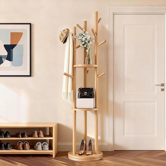 Solid Wood Rotary Coat Rack, Coat Rack Freestanding with 3 Storage Shelves & 9 hooks, Coat Tree for Entryway, Livingroom, Bedroom, Coat Hanger Stand for Coats, Scarves, Handbags, Hat (Natural)