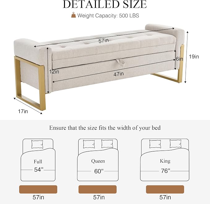 adochr 57" Storage Ottoman Bench, Upholstered End of Bed Bench, Beige | Metal Legs & Button-Tufted, Linen Ottoman with Storage 500 lb Capacity for Living Room, Bedroom, Entryway