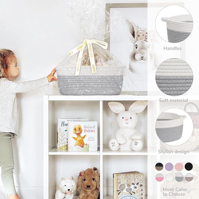 CHICVITA Large Rope Gift Basket Empty with Bags & Ribbon to Fill, Grey | 13.6"x 10" x 6" Woven Gift Basket Empty to Fill for Holiday, Rope Baskets for Organizing, Birthday Basket, Dog Toy Basket