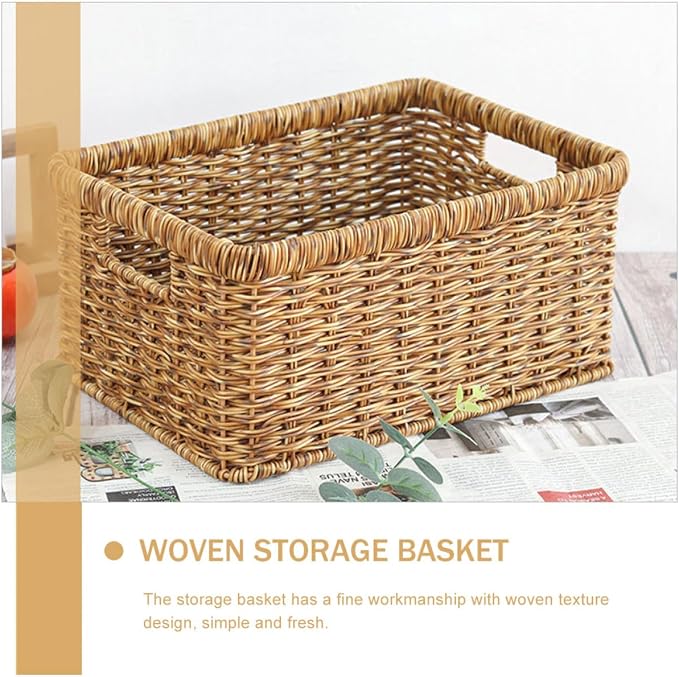 SHINEOFI Decorative Woven Storage Basket Handwoven Imitation Rattan Sundries Organizer with Hollow Handles for Home Desktop Organization Deep Coffee Color