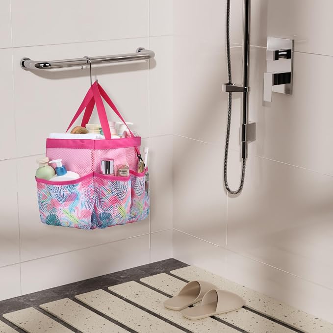 Mesh Shower Caddy Portable - 8 Pockets, S-Hook, Shower Bag for Dorm Camping | 2-Handle, Quick-Dry, Toiletry Organizer, College Dorm Room Essentials for Girls, Gym, Travel & Bathroom, Pink Flamingo