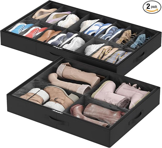 Lifewit Under Bed Shoe Storage Organizer 1 Pack(16 Shoes Cells+4 Boots Cells), 4.3 Inches Profile Fabric Shoes Container Box with Clear Cover, Foldable Storage Bag with 2 Handles, Fits 12 to 20 Pairs
