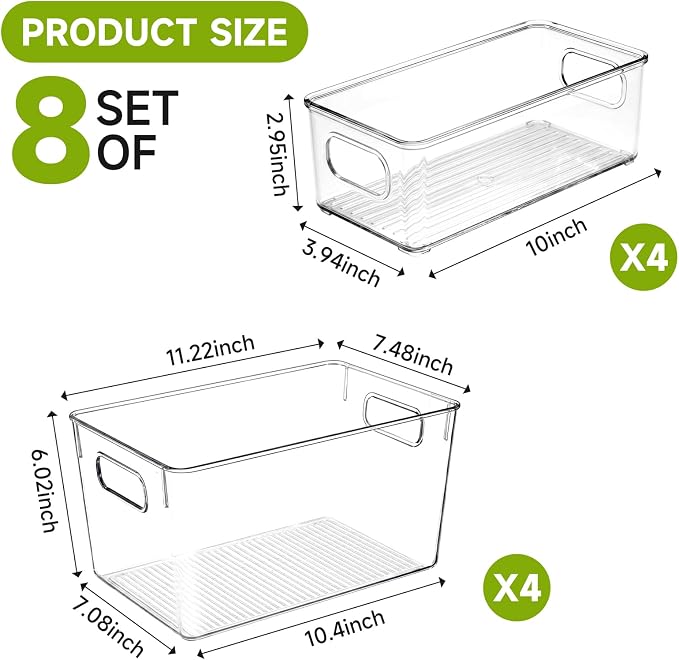 YKIOKE 8 Pack Clear Plastic Storage Bins with Handles,4 Large and 4 Small Stackable Organizer Containers for Kitchen, Countertops, Cabinets, Fridge, Drinks, Fruits, Vegetable, Cereals