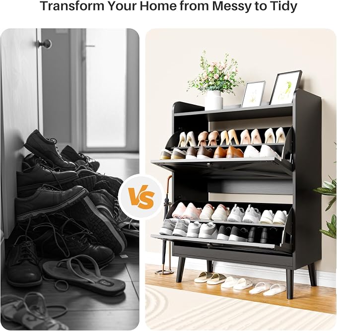 YZ HOME Shoe Storage Cabinet with 2 Flip Drawers | Entryway Shoe Cabinet, Metal Hooks & Adjustable Shelves, Freestanding Narrow Shoe Rack for Hallway Foyer, Black