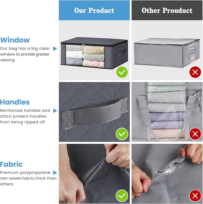 HomeHacks 10-Pack Clothes Organizer Storage Bags, 35L Storage Bins, Gray | Foldable Storage Box Container with Zippers, Clear Window, Reinforced Handles for Closet, Dorm, Pillows, Bedding, Sweater