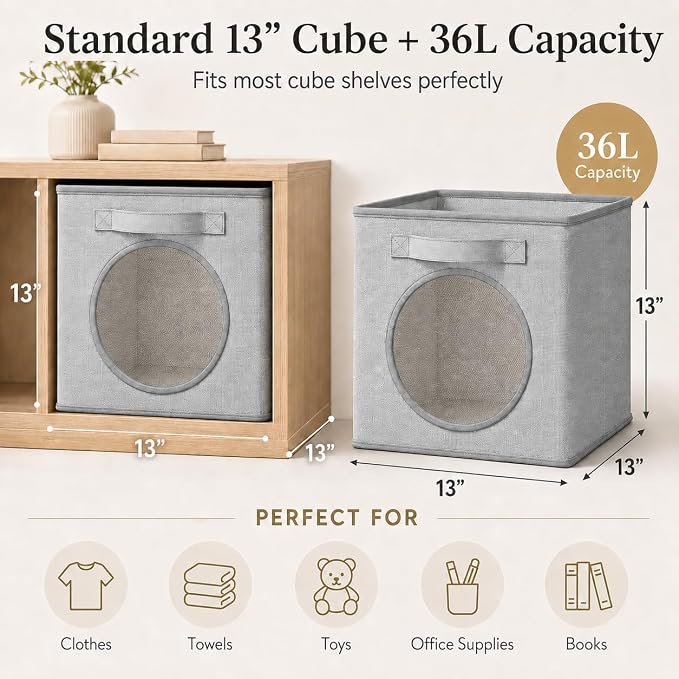 Fabric Storage Cubes with Mesh Window, 13'' Cube Storage Bin, Gray, 4 Pack | See through Round window, Foldable Odor-Free & Sturdy PP Structure, Cubby Baskets for Closet, Shelves, Bedroom and Offices